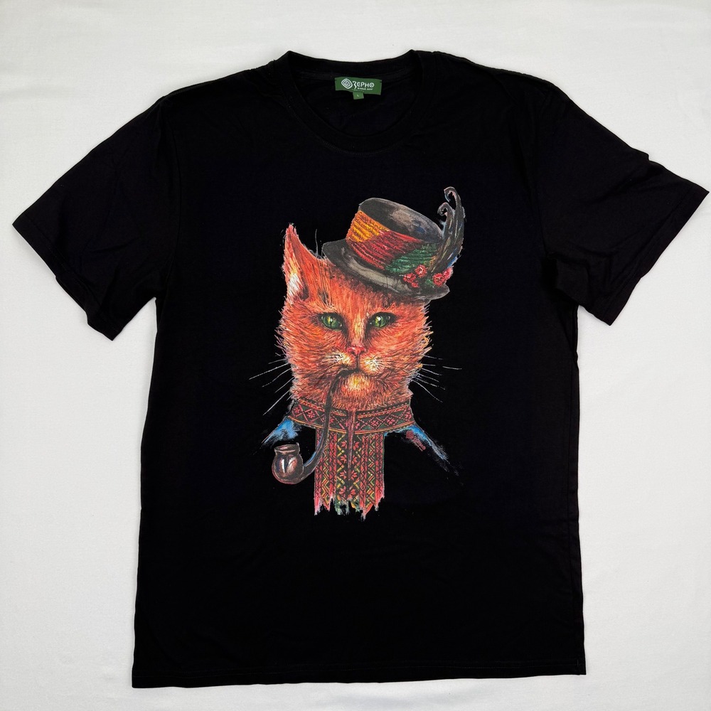 Zerno Ukraine Folk‎ Black Graphic T-Shirt Mens EU/L US/M Cat Top Soft Cotton New